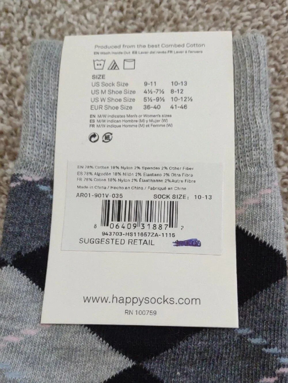 Happy Socks Grey and Black Argyle Crew Socks with Pink Toe